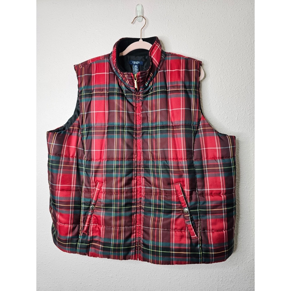 Chaps Mens 3X Puffer Vest Red Tartan Plaid Fleece Lined Collar Full Zip Quilted